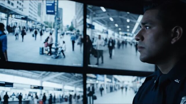 Officer monitors crowded train station for safety and security in urban environment