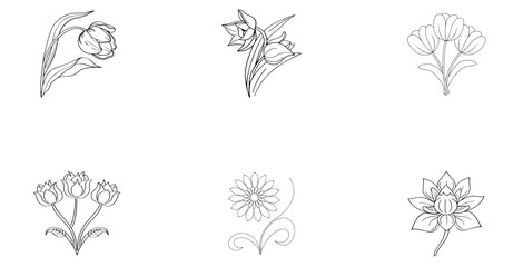 Six Outline Flower Illustrations Including Tulips On White Background