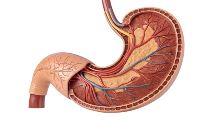 Anatomical stomach organ model, isolated on transparent background, realistic texture and volume.