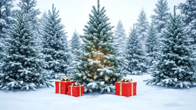 Christmas Trees and Gifts in Snowy Forest - A medium shot features a clearing with a central decorated Christmas tree and three wrapped gift boxes in front, with a background of snow-covered pine