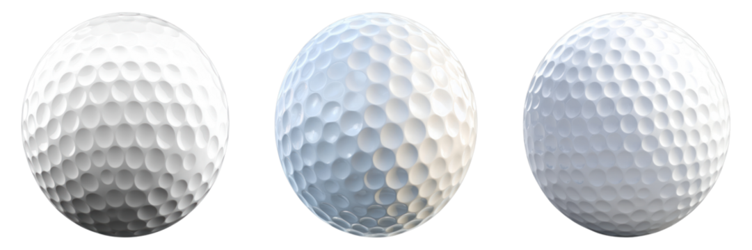 Three golf balls with different lighting, displaying the dimple pattern. Perfect for sports and leisure themes