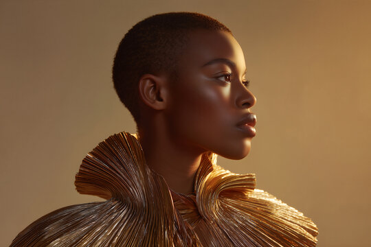Golden avant-garde fashion portrait, luxury metallic couture editorial art photo in warm tones - Powered by Adobe