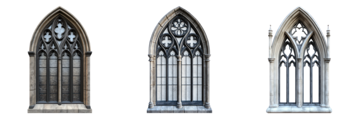 Architectural details of elegant arched windows, showcasing intricate designs and patterns. These windows, feature Gothic styles and embellishments.