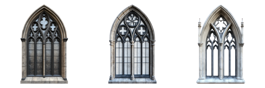Architectural details of elegant arched windows, showcasing intricate designs and patterns. These windows, feature Gothic styles and embellishments.