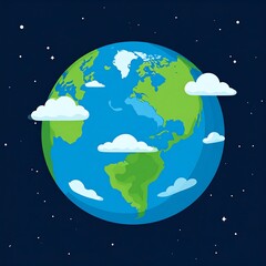 Cartoon depiction of planet Earth, clouds, and stars in a dark space