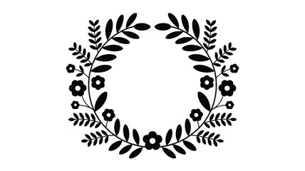 Elegant black floral oval wreath silhouette with delicate leaves and small flowers creating a beautiful decorative frame for design and invitations silhouette