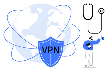 VPN shield over global network, minimalist stethoscope, and person with a clipboard. Ideal for data protection, online privacy, cybersecurity, medical tech, digital health, remote work global