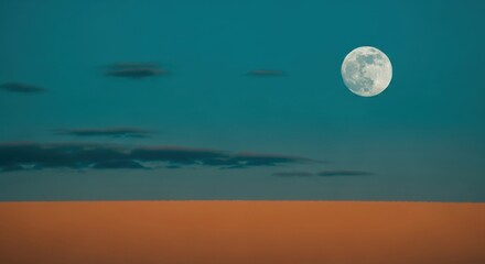 Surreal full moon over a glowing horizon. Minimalist celestial art with teal and orange tones. Abstract nature concept for marketing. Serene night sky with atmospheric clouds