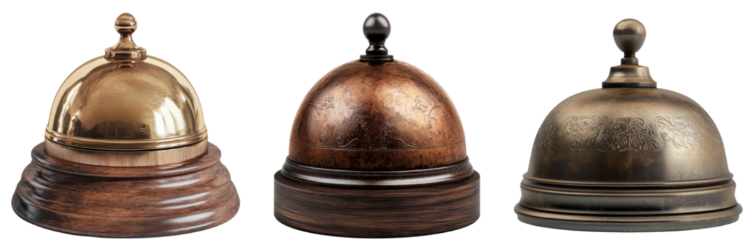 A collection of vintage bells, each with a unique metal finish, arranged side by side. They feature dome-shaped tops and rests upon wooden bases