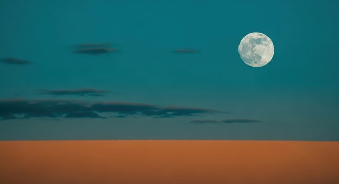 Surreal full moon over a glowing horizon. Minimalist celestial art with teal and orange tones. Abstract nature concept for marketing. Serene night sky with atmospheric clouds