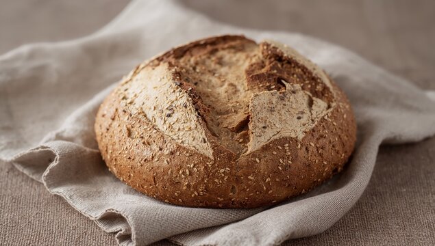 Rustic Loaf on Textured Fabric, Warm Tones and Soft Lighting for Visual Appeal.