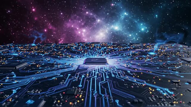Circuit Board Under a Galaxy - An intricate close-up shot shows a detailed circuit board with glowing blue pathways and orange nodes, set against a cosmic backdrop of stars and nebulae.