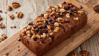 Rustic Loaf Topped with Assorted Nuts and Chocolate Pieces, on a Wooden Serving Board.