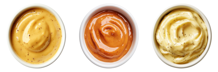 A vibrant composition featuring three small bowls, each filled with a distinct and appealing sauce