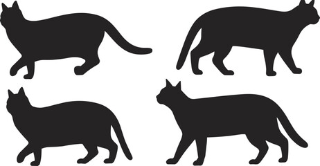 Cat walking silhouettes, feline motion poses, black vector design, side profile illustrations, animal movement icons, isolated graphic asset, pet shape set