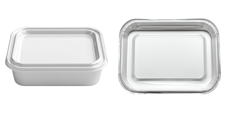A pair of white plastic containers for food storage. One container is closed, while the other is open, with a clean and minimal design
