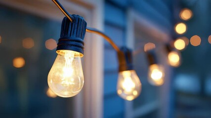 Close up of illuminated outdoor string lights with a blurred blue house and glowing bulbs in the background. The scene evokes warmth, comfort, and a peaceful ambiance for gatherings