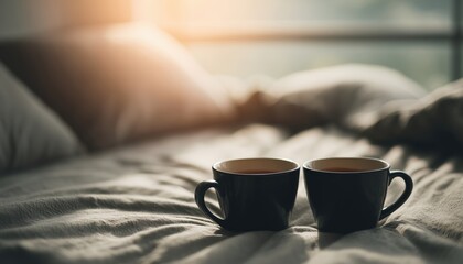 Romantic Valentine'S Day Breakfast In Bed With Black Coffee Cups And Tea Mugs By The Window In A Cozy Bedroom