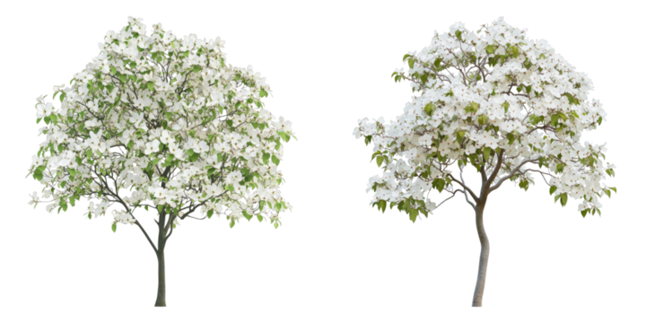 Two blooming trees stand side-by-side, showcasing a vibrant display of nature's beauty 