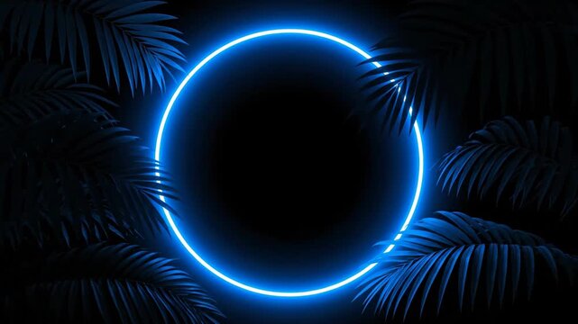 Neon Circle with Palm Leaves - A vibrant neon blue circle glows against a dark background, surrounded by blue palm leaves. The circular frame creates a focal point for text or other graphic elements.