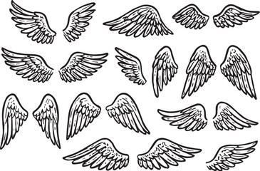 "Stylized Black and White Wing Illustrations – Fantasy, Tattoo, and Feather Art Set"