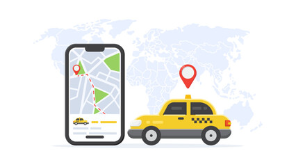 vector illustration of a smartphone showing a detailed map and route, paired with a yellow taxi against a world map backdrop. Ideal for travel, navigation, transport, and delivery themes.