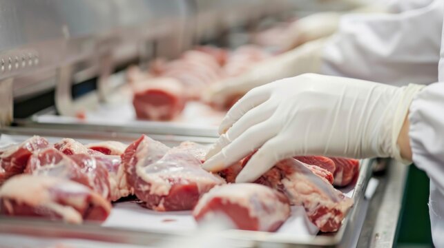 Close-up of butcher hands in white gloves cutting raw red meat on metal tray in a meat processing environment.