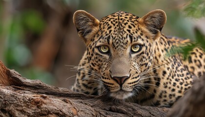 Male Leopard Or Panther In The Wild, Making Eye Contact On A Tree Trunk In The Natural Greenery Of Jhalana Forest In Jaipur, Rajasthan, India.