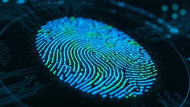 Digital Fingerprint Security Scan - A close-up video shows a digital fingerprint scan with a blue and green glowing effect on a dark background.