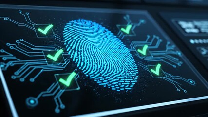 Digital Fingerprint Authentication System - A glowing, blue digital fingerprint scan is displayed on a futuristic interface screen. - Powered by Adobe