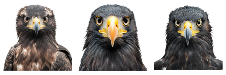 Three eagles stare intensely at the camera, showcasing their sharp beaks and piercing eyes. Each eagle appears to have a unique feather pattern