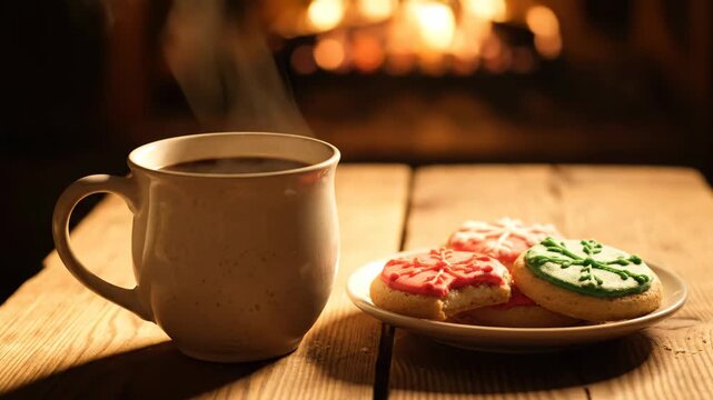 Cozy Christmas Scene with Coffee and Cookies - A warm and inviting scene features a steaming mug of coffee alongside a plate of festive Christmas cookies, one with a bite taken out of it.