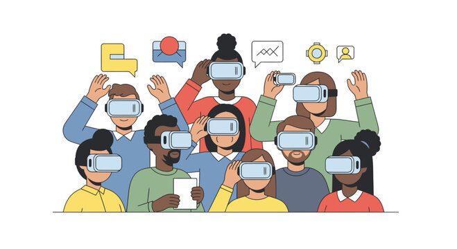 A diverse group of people engaged in a virtual reality media lesson