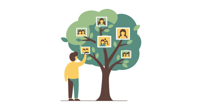 A person drawing a family tree with digital photo frames replacing leaves