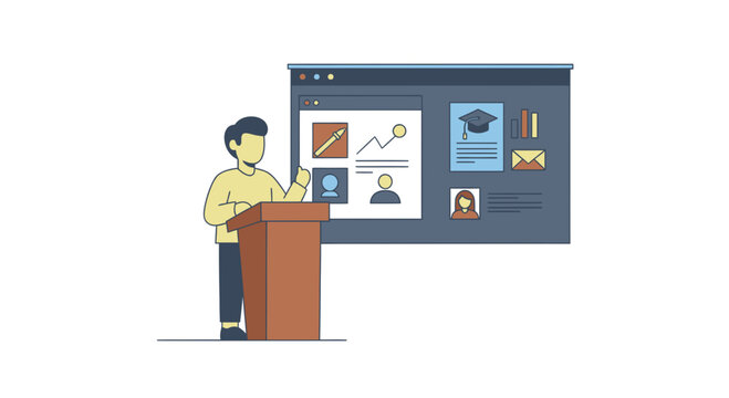 A person presenting a lecture about media literacy using a large screen