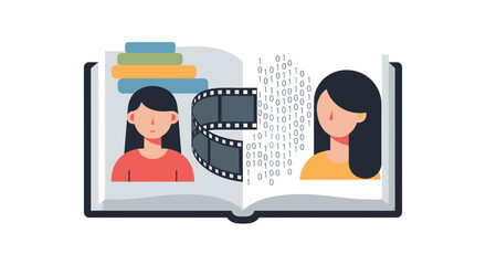 An open book with a film strip transforming into digital binary code