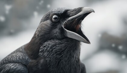Obraz premium Close-Up Photo Of A Screaming Black Raven Against A Light Background - A Majestic Creature Captured In Stunning Detail.