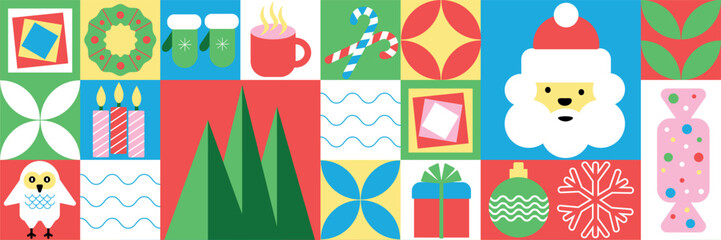 Christmas abstract geometric background. Seamless festive vector mosaic, minimal Scandinavian ornament. Merry Christmas, wallpaper, banner, festive cover design.