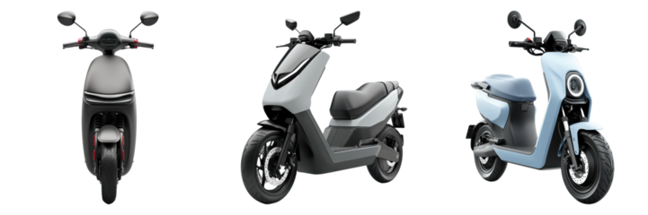 Stylish electric scooters arranged in a row, with modern design and environmental-friendly transportation options