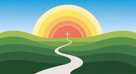 Obraz premium Pathway to Faith Serene Landscape with Cross and Sunset Illustra