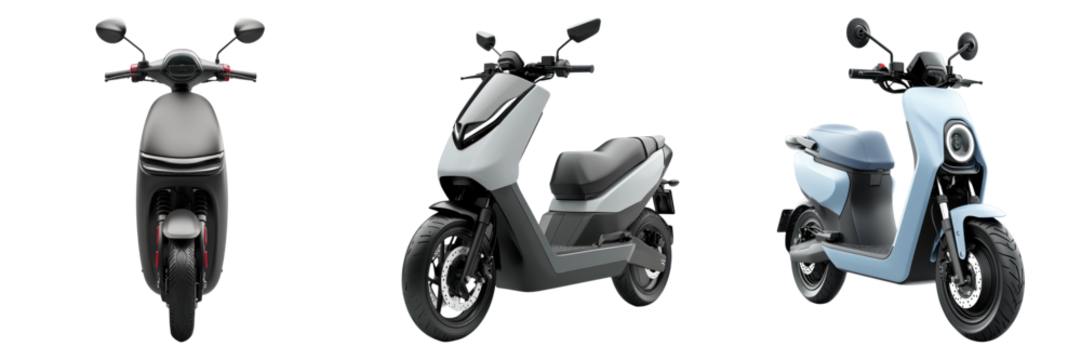 Stylish electric scooters arranged in a row, with modern design and environmental-friendly transportation options