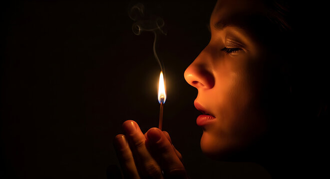 Close up of a young woman blowing out a single burning matchstick with smoke rising in the dark