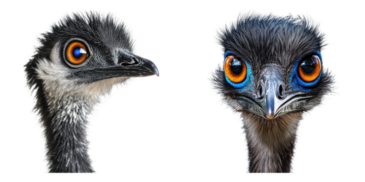 Two captivating close-up portraits of an emu, displaying a curious and captivating gaze