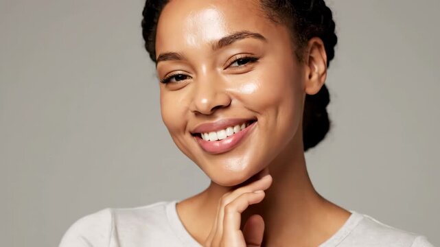 Radiant Skinned Woman Portrait - A close-up shot captures a beautiful young woman with glowing skin smiling brightly while resting her hand on her neck.