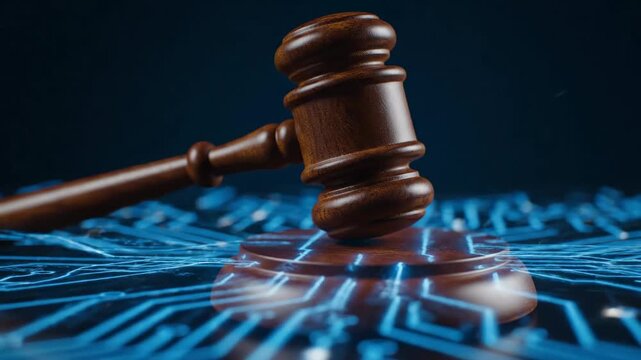 Digital Law and Justice - A wooden gavel rests on a surface with glowing blue circuit patterns, symbolizing the intersection of law and technology.
