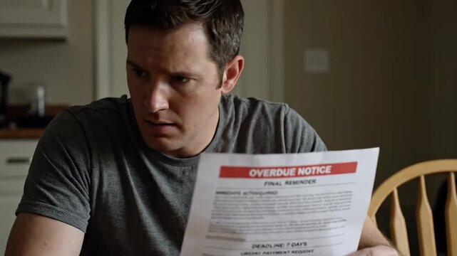 Man Receives Overdue Notice - A concerned man reads an "Overdue Notice" final reminder with a deadline of 7 days, looking distressed.