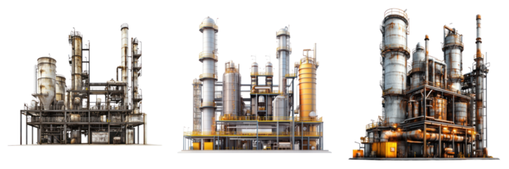 An industrial landscape showcasing three distinct factory buildings