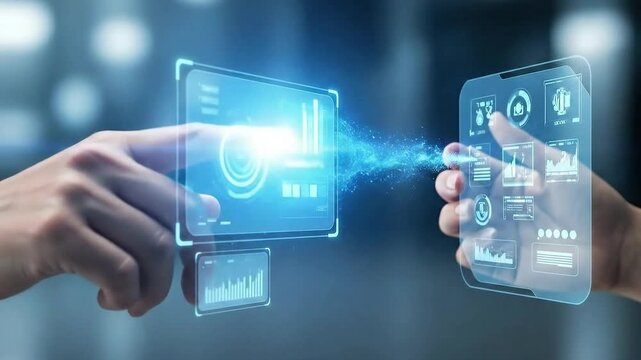 Data Exchange in the Digital Age: Two hands interact with futuristic digital screens, exchanging data streams and illuminating the advancements of technology. 
