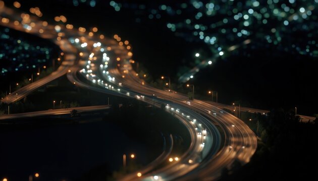 Aerial Time-Lapse Of A Busy Night Highway From Above Captured In Motion. Spectacular Views Of Traffic Patterns In The Dark.