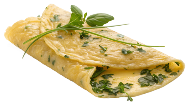 Golden folded omelette with herbs, isolated on transparent background, clean minimal look.